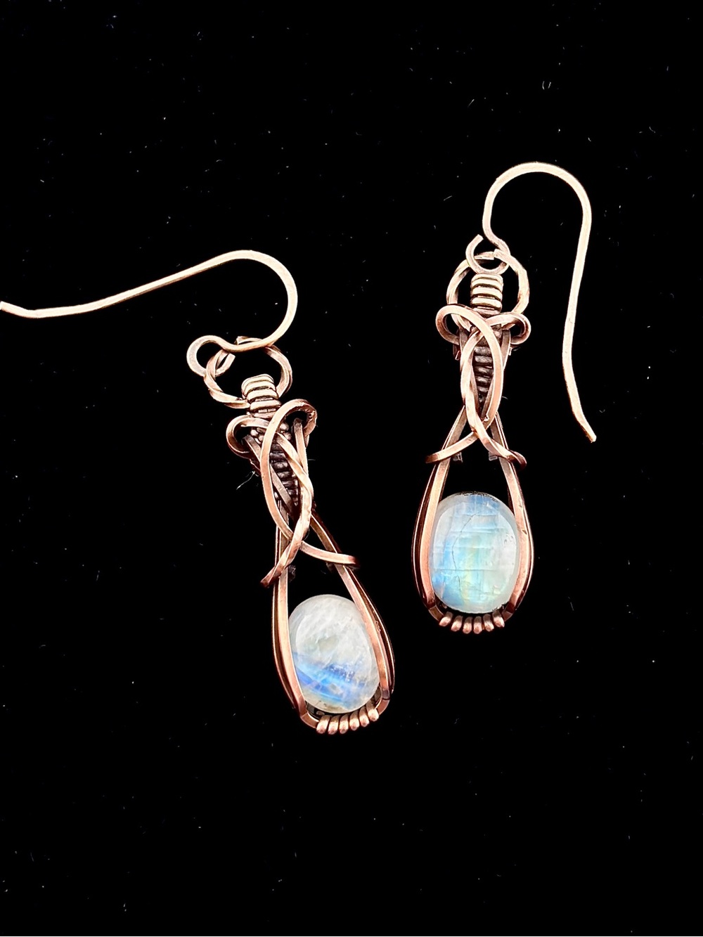 HANDMADE Rainbow Moonstone Copper Wire Wrapped Dangle Earrings, Jewelry Gift Her